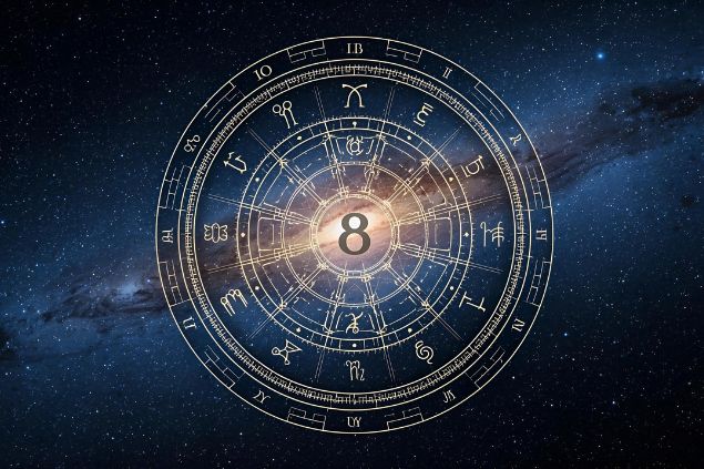Imagem de uma mandala astrológica com os glifos dos 12 signos e no centro dela o número 8