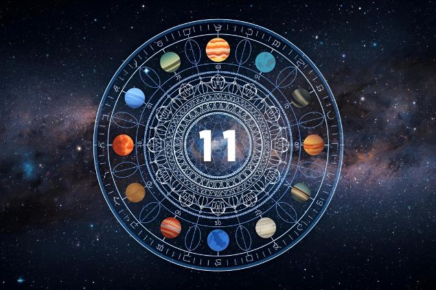 Imagem de uma mandala astrológica com os planetas coloridos, no centro dela o número 11 e de fundo o universo.