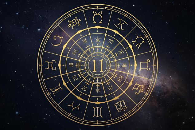 crie uma Imagem de uma mandala astrológica com os glifos dos 12 signos e no centro dela o número 11 e o fundo com o universo