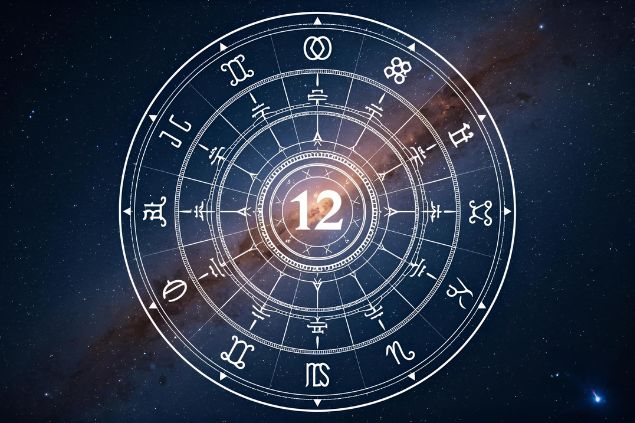 Imagem de uma mandala astrológica com os glifos dos 12 signos e no centro dela o número 12 e o fundo com o universo