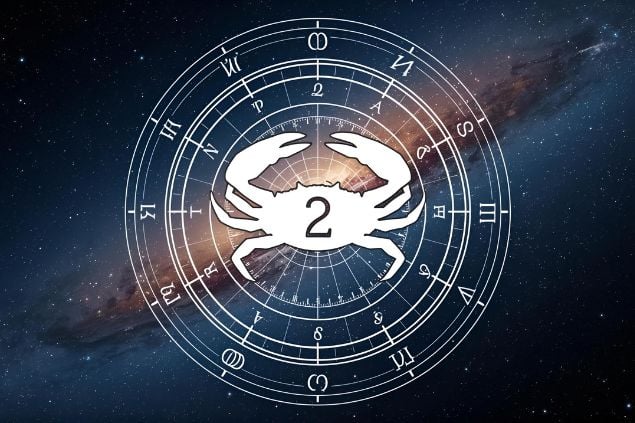 Imagem do glifo de câncer com o número 2 no centro de uma mandala astrológica com fundo do universo.