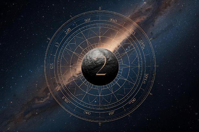 Imagem de Quíron que é um asteroide localizado entre Urano e Saturno em uma mandala astrológica com o número 2 no centro.