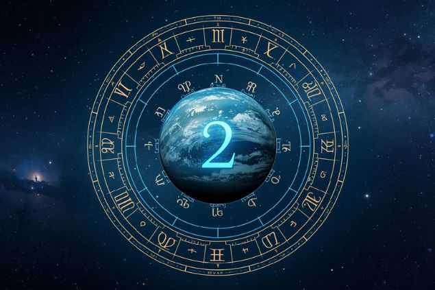 Imagem de Netuno dentro de uma mandala astrológica com o número 2 no centro da mandala. O fundo da imagem deve ter o universo.