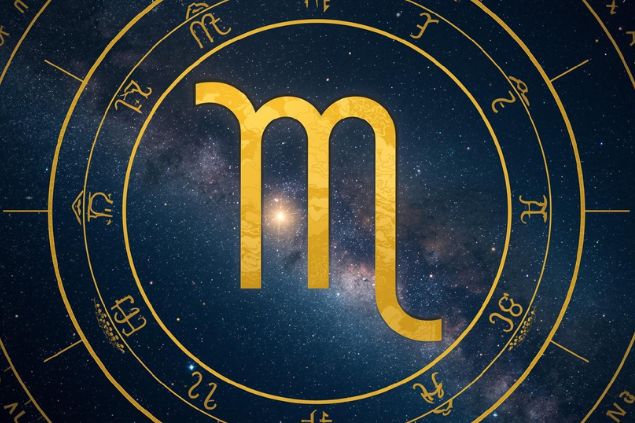 Glifo do signo de virgem dentro de uma mandala astrológica e ao fundo o universo.