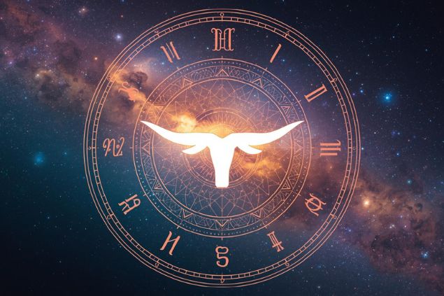 Glifo do signo de touro dentro de uma mandala astrológica e ao fundo o universo.