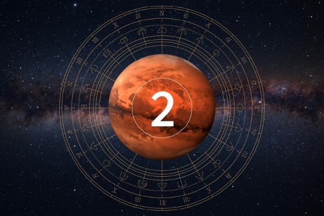 Imagem do planeta Marte dentro de uma mandala astrológica com o número 2 no centro da mandala. O fundo da imagem deve ter o universo.