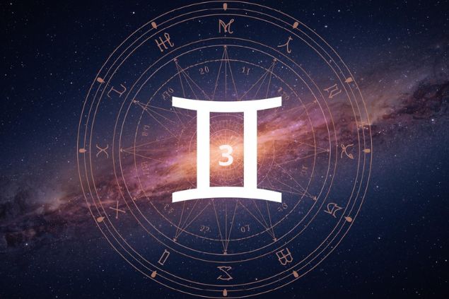 Imagem do glifo de gêmeos junto com o número 3 posicionados no centro de uma mandala astrológica com fundo do universo.