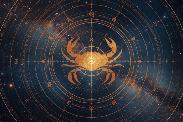 Imagem do glifo de câncer junto com o número 3 posicionados no centro de uma mandala astrológica com fundo do universo.