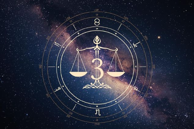 Imagem do glifo de libra junto com o número 3 posicionados no centro de uma mandala astrológica com fundo do universo.