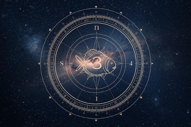 Imagem do glifo de peixes junto com o número 3 posicionados no centro de uma mandala astrológica com fundo do universo.