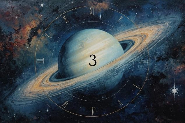 Imagem de Saturno em uma mandala astrológica com o número 3 no centro.