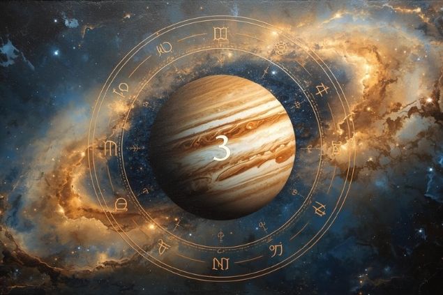 Imagem de Júpiter em uma mandala astrológica com o número 3 no centro.