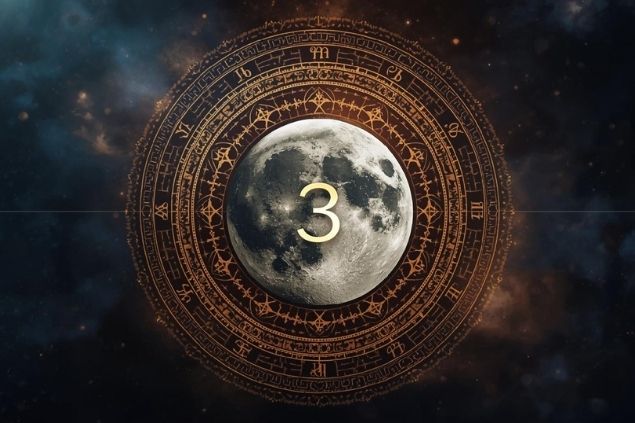 Imagem da Lua dentro de uma mandala astrológica com o número 3 no centro.