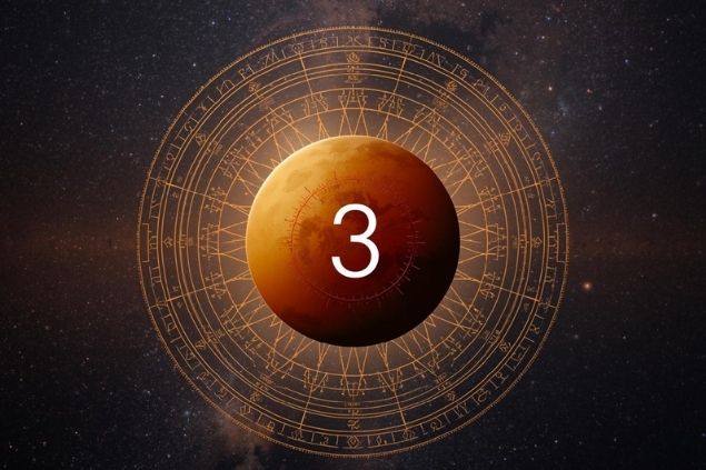 Imagem de Marte dentro de uma mandala astrológica com o número 3 no centro.