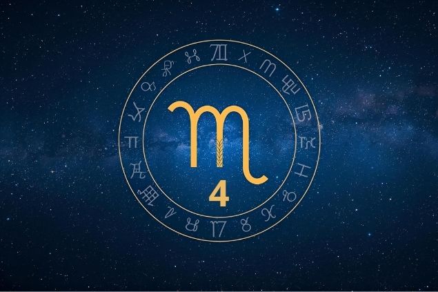 Imagem de uma mandala astrológica com o Glifo de Virgem e o número 4 ao centro.
