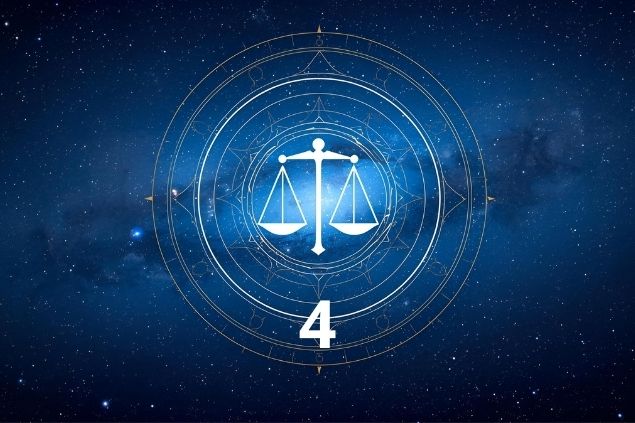 Imagem de uma mandala astrológica com o Glifo de Libra e o número 4 ao centro.
