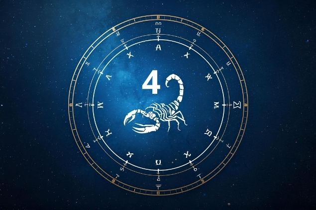 Imagem de uma mandala astrológica com o Glifo de Escorpião e o número 4 ao centro.