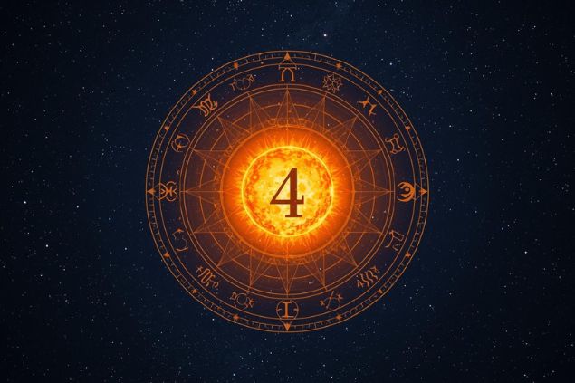 Imagem do Sol dentro de uma mandala astrológica com o número 4 no centro.
