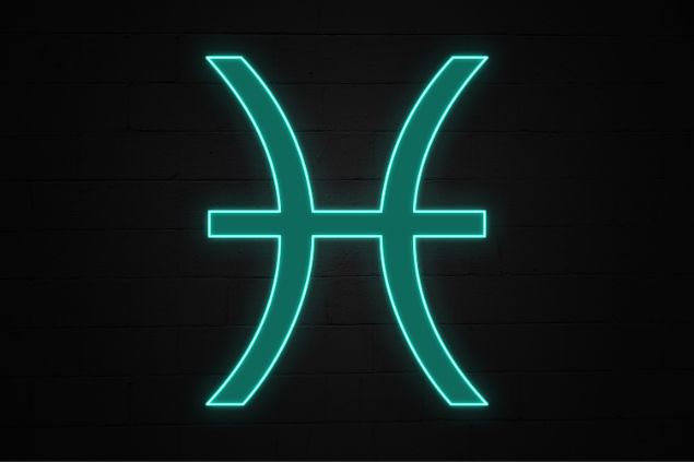 Imagem de fundo preto e em destaque o glifo do signo de peixes na cor verde