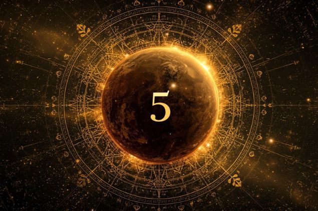 Imagem de Quíron dentro de uma mandala astrológica com o número 5 no centro.