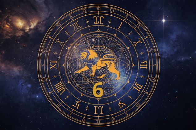 Imagem do glifo de leão junto com o número 6 posicionados no centro de uma mandala astrológica com fundo do universo.