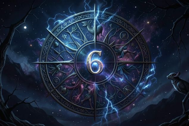 Imagem de Lilith dentro de uma mandala astrológica com o número 6 no centro.