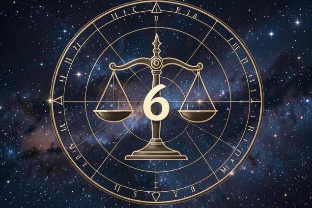 Imagem do glifo de libra junto com o número 6 posicionados no centro de uma mandala astrológica com fundo do universo.