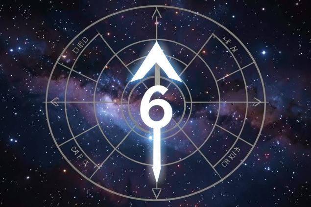 Imagem do glifo de sagitário que é uma flecha apontando para cima, junto com o número 6 posicionados no centro de uma mandala astrológica com fundo do universo.