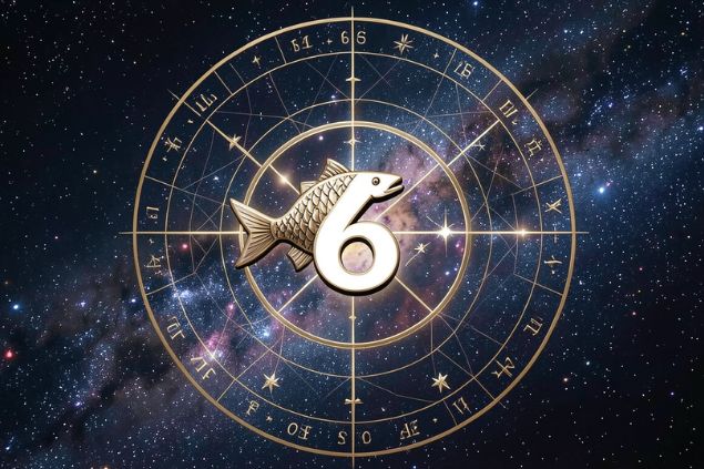 Imagem do glifo de peixes junto com o número 6 no centro de uma mandala astrológica com fundo do universo.