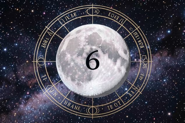 Imagem da Lua dentro de uma mandala astrológica com o número 6 no centro.