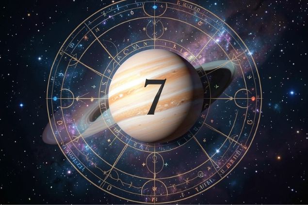 Imagem de Urano em uma mandala astrológica com o número 7 no centro.
