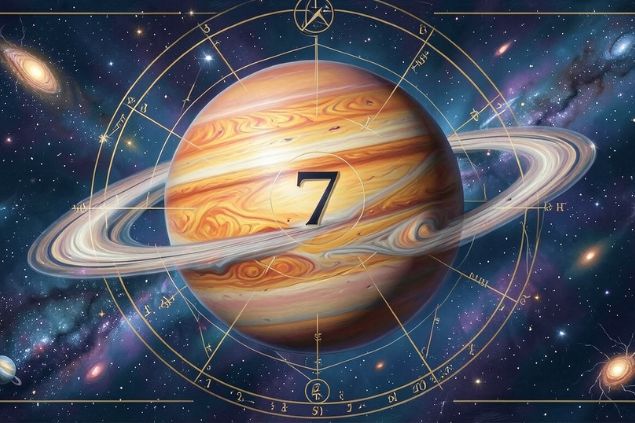 Imagem de Júpiter em uma mandala astrológica com o número 7 no centro.
