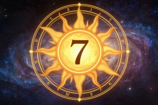 Imagem do Sol dentro de uma mandala astrológica com o número 7 no centro.