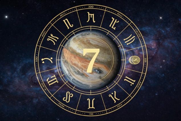 Imagem de Mercúrio dentro de uma mandala astrológica com o número 7 no centro.