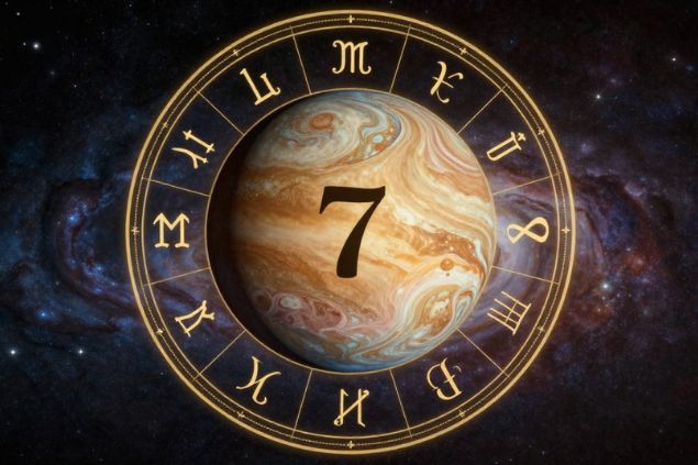 Imagem de Vênus dentro de uma mandala astrológica com o número 7 no centro.