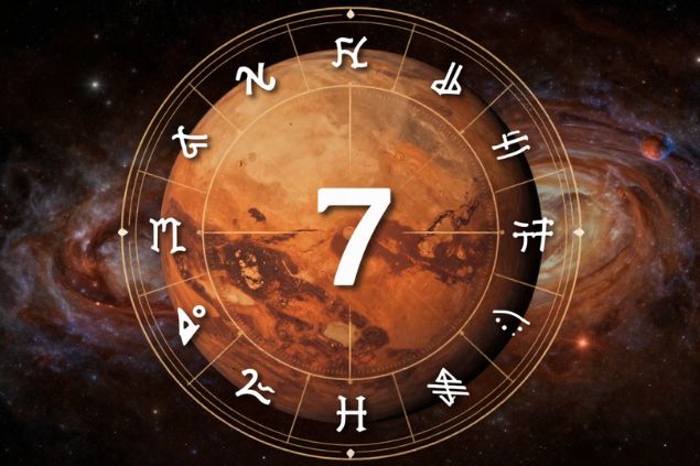 Imagem de Marte dentro de uma mandala astrológica com o número 7 no centro.
