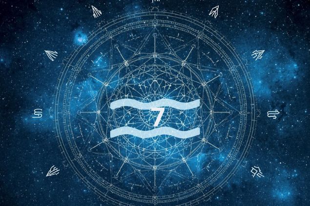 Imagem do glifo de aquário junto com o número 7 no centro de uma mandala astrológica com fundo do universo.