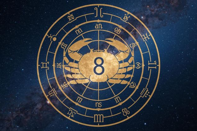 Imagem do glifo de câncer com o número 8 no centro de uma mandala astrológica com fundo do universo.