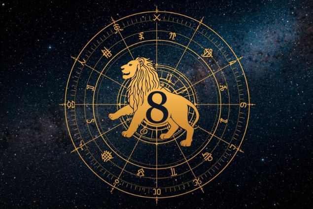 Imagem do glifo de leão com o número 8 no centro de uma mandala astrológica com fundo do universo.