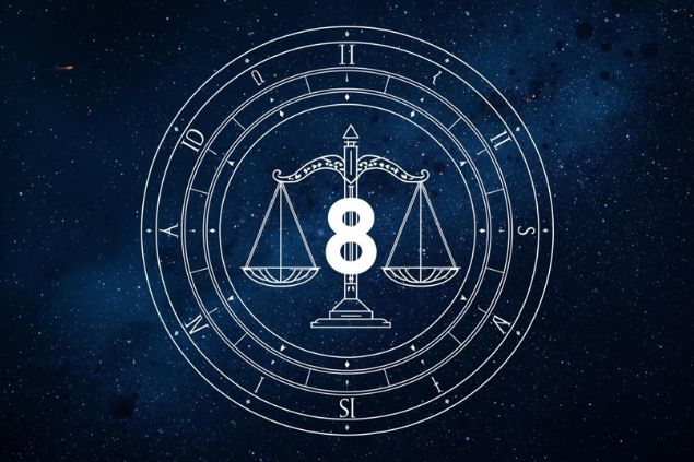 Imagem do glifo de libra junto com o número 8 no centro de uma mandala astrológica com fundo do universo.
