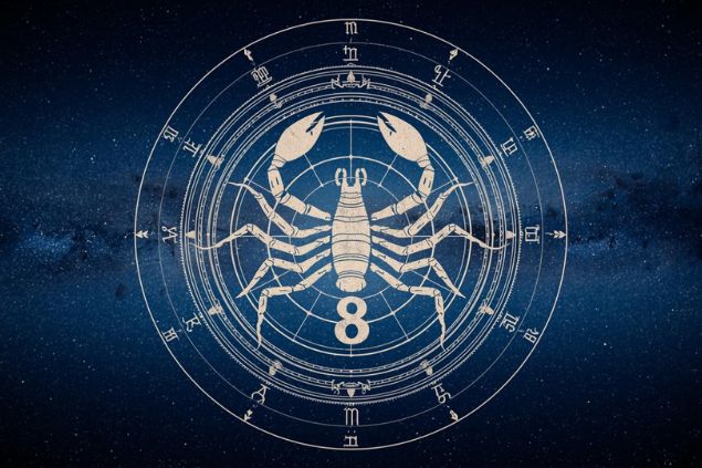 Canva/horoscopovIrtuAl Imagem do glifo de escorpião junto com o número 8 no centro de uma mandala astrológica com fundo do universo.