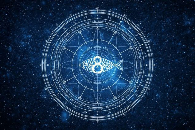 Imagem do glifo de peixes com o número 8 no centro de uma mandala astrológica com fundo do universo.