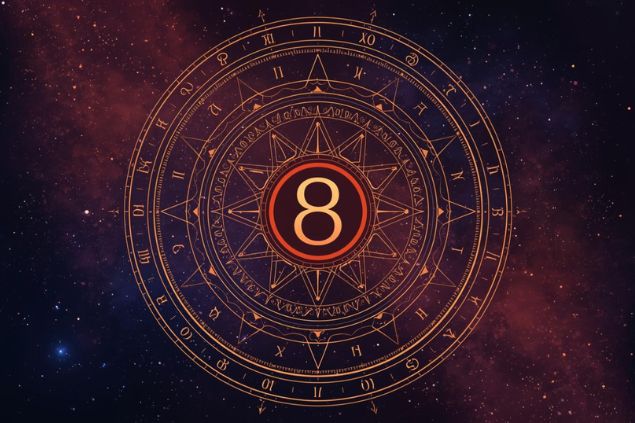 Imagem de Lilith dentro de uma mandala astrológica com o número 8 no centro.