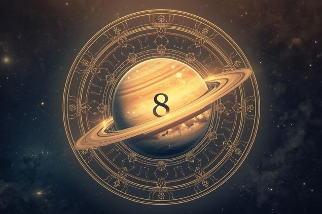 Imagem de Saturno dentro de uma mandala astrológica com o número 8 no centro.