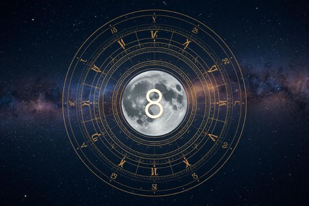 Imagem da Lua dentro de uma mandala astrológica com o número 8 no centro.