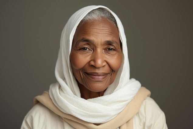 Imagem da vovó catarina que se veste com roupas claras, sempre com um lenço cobrindo a cabeça, simbolizando pureza, respeito e devoção. Sua aparência é de uma idosa negra, de semblante calmo e olhar compassivo.