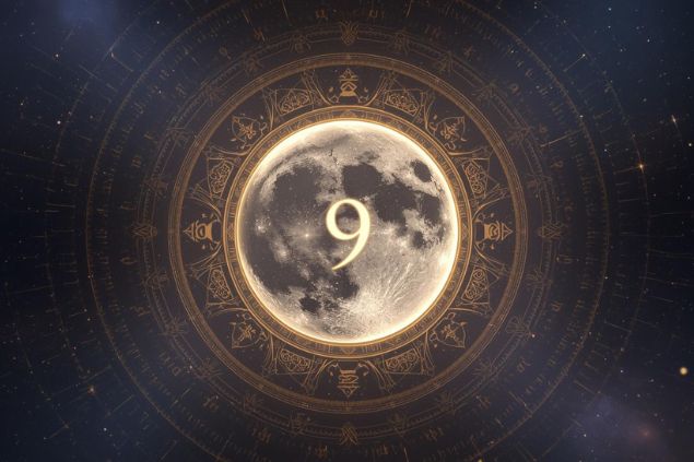 Imagem da Lua dentro de uma mandala astrológica com o número 9 no centro.