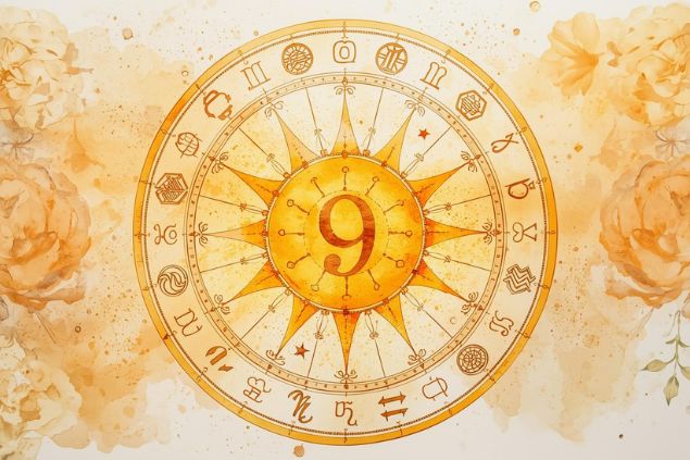 Imagem do Sol dentro de uma mandala astrológica com o número 9 no centro.