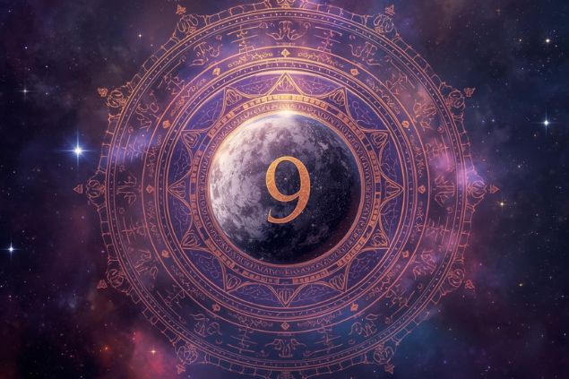 Imagem de Mercúrio dentro de uma mandala astrológica com o número 9 no centro.