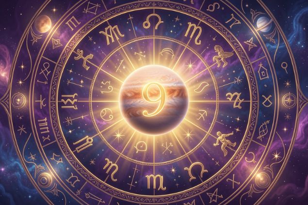 Imagem de Vênus dentro de uma mandala astrológica com o número 9 no centro.